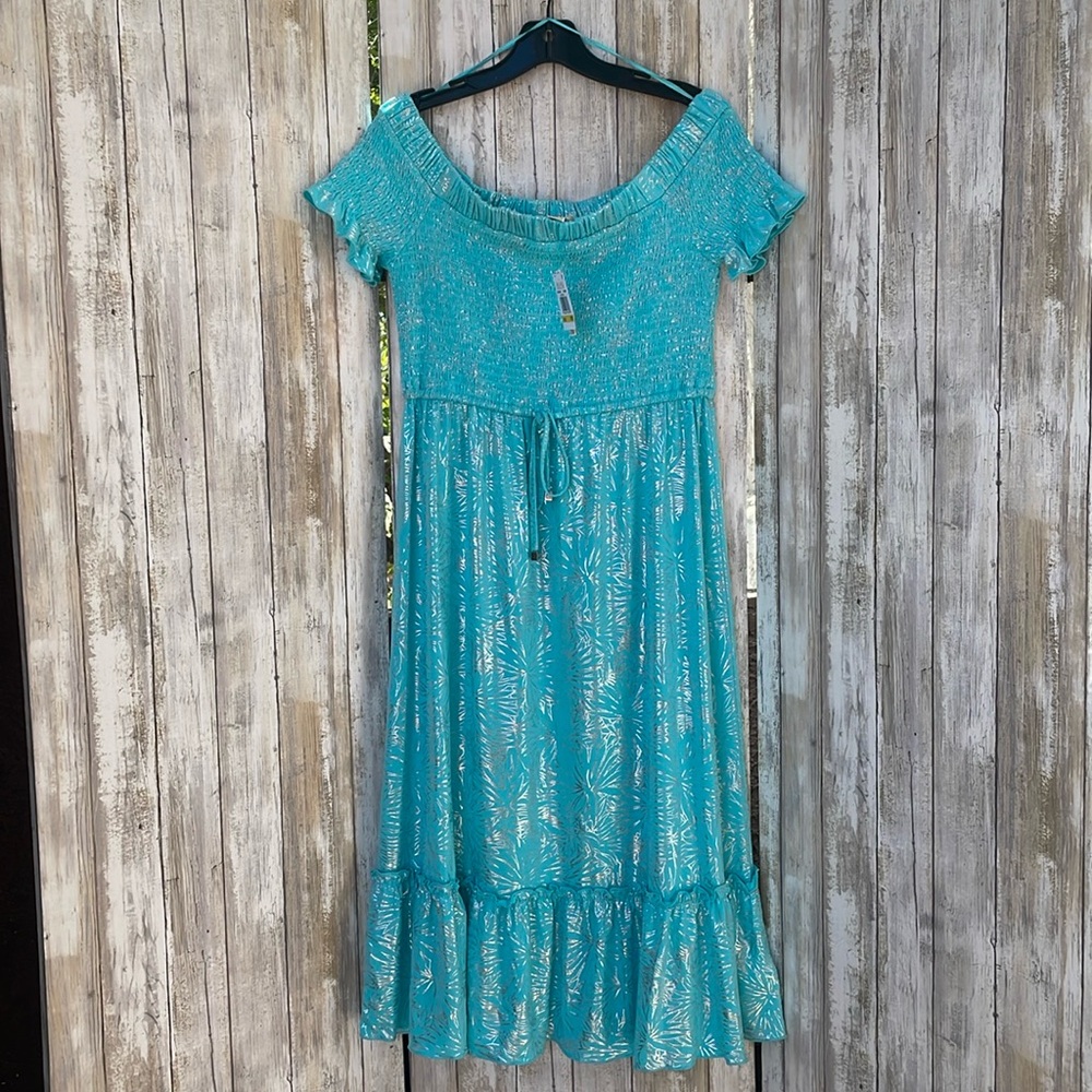 MICHAEL Michael Kors Womens Petites Foiled Smocked Midi Dress. 👗